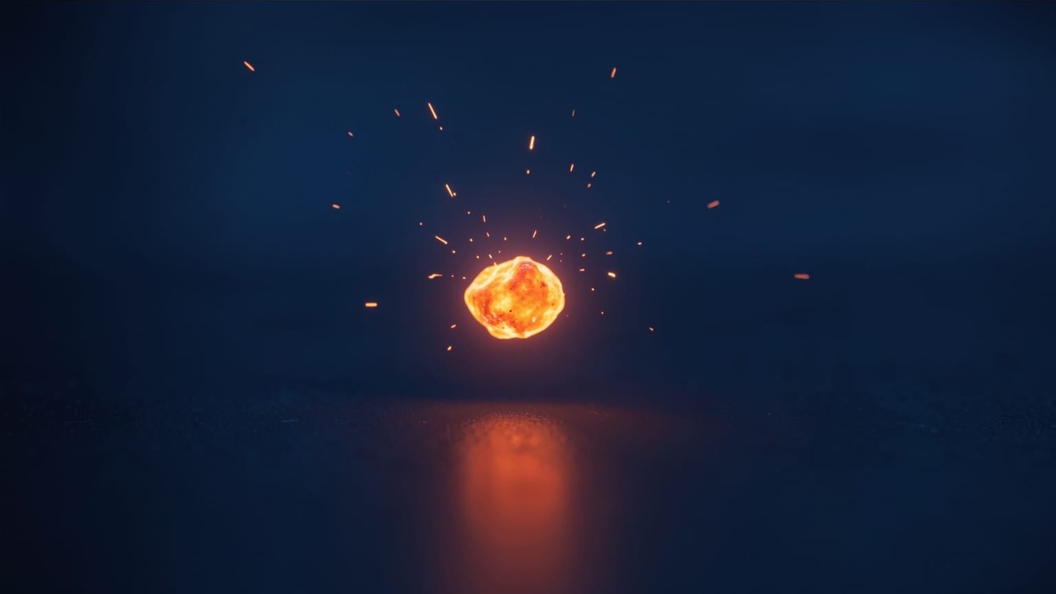 A single glowing ember floating above a dark surface, sparks drifting around it