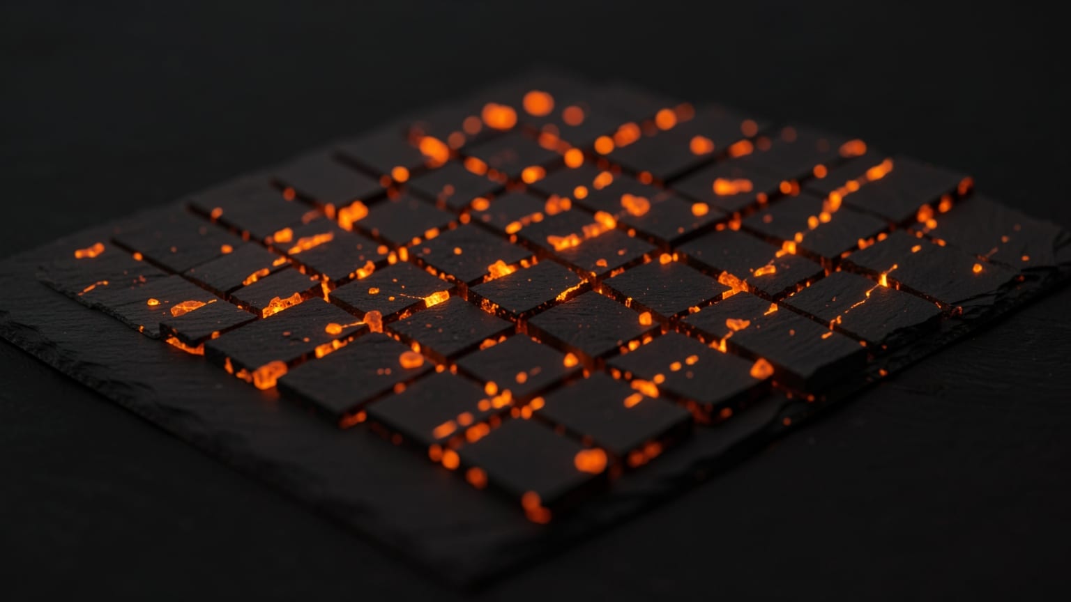 Dark slate tiles laid out in a grid, with orange embers glowing in the gaps between them