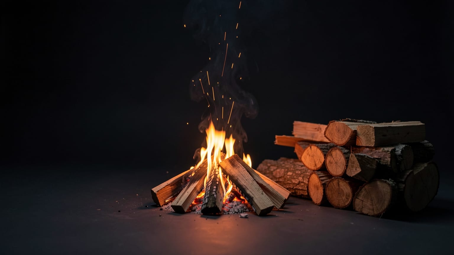 A small campfire glowing in the dark beside a stack of split logs